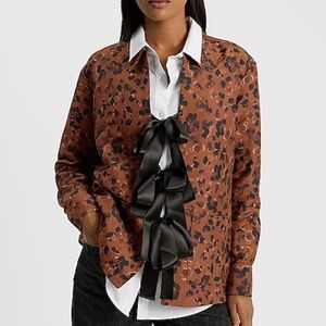Express Leopard Print Shacket with Black Ribbon Accent